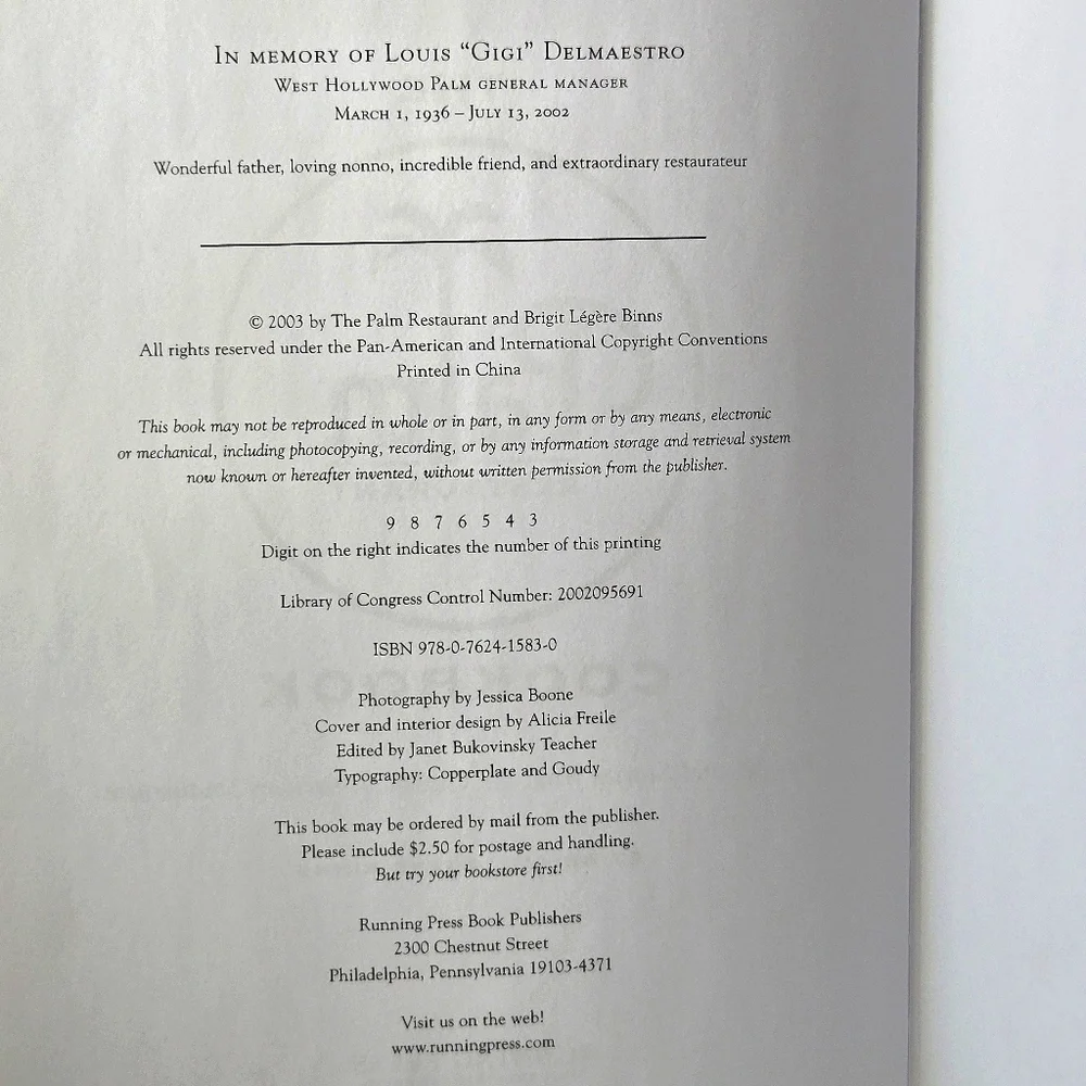 VTG Rare '03 SIGNED The Palm Restaurant Cookbook, Hardcover w Dust Jacket, EUC